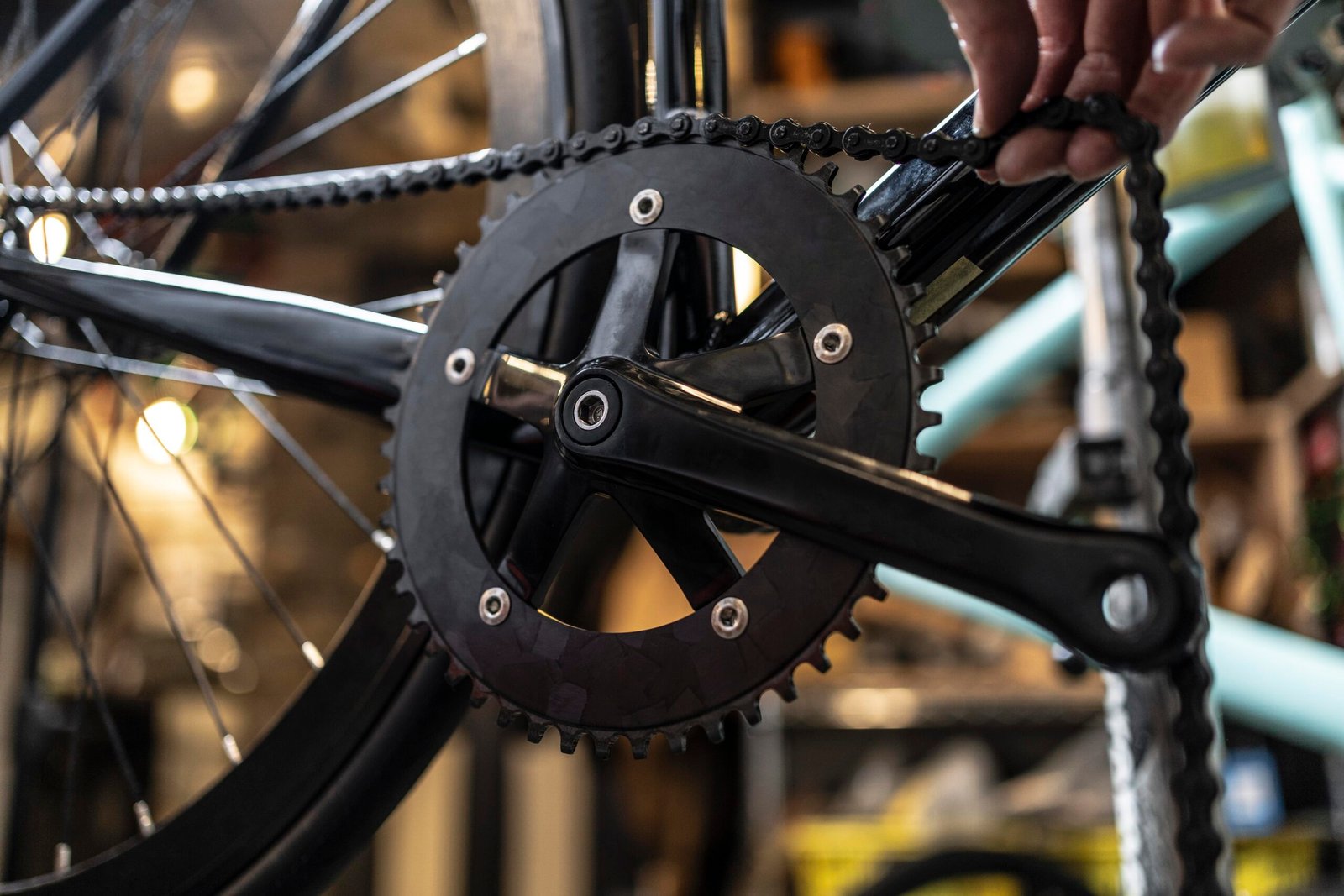 Close-up of a bicycle gear system and chain